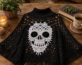 Gothic Skull Crochet Poncho Pattern, Lace Cape, Turtleneck Sweater (PDF Download)
