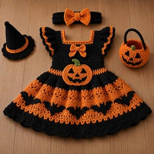 Puede incluir: Un vestido de ganchillo negro y naranja con una aplicación de calabaza en el corpiño y un patrón de murciélagos en la falda. El conjunto incluye una diadema negra a juego con un lazo naranja, un pequeño sombrero de bruja y una cesta.