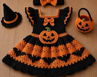 Toddler Crochet Witch Dress Pattern, Pumpkin Costume Set (2T-3T PDF)