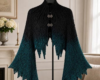 Gothic Victorian Crochet Capelet Pattern, Black Teal Ombre Lace Shawl (Digital Download)