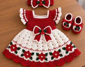Christmas Baby Crochet Pattern, Poinsettia Dress, Booties, Headband (PDF)