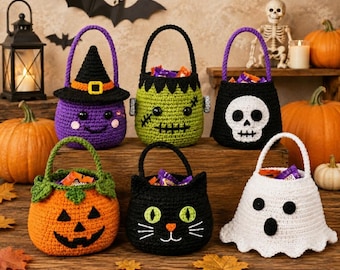 Halloween Crochet Treat Bag Pattern, Witch Ghost Pumpkin Cat Skull Frankenstein Candy Bags, Trick or Treat Digital PDF Crochet Pattern