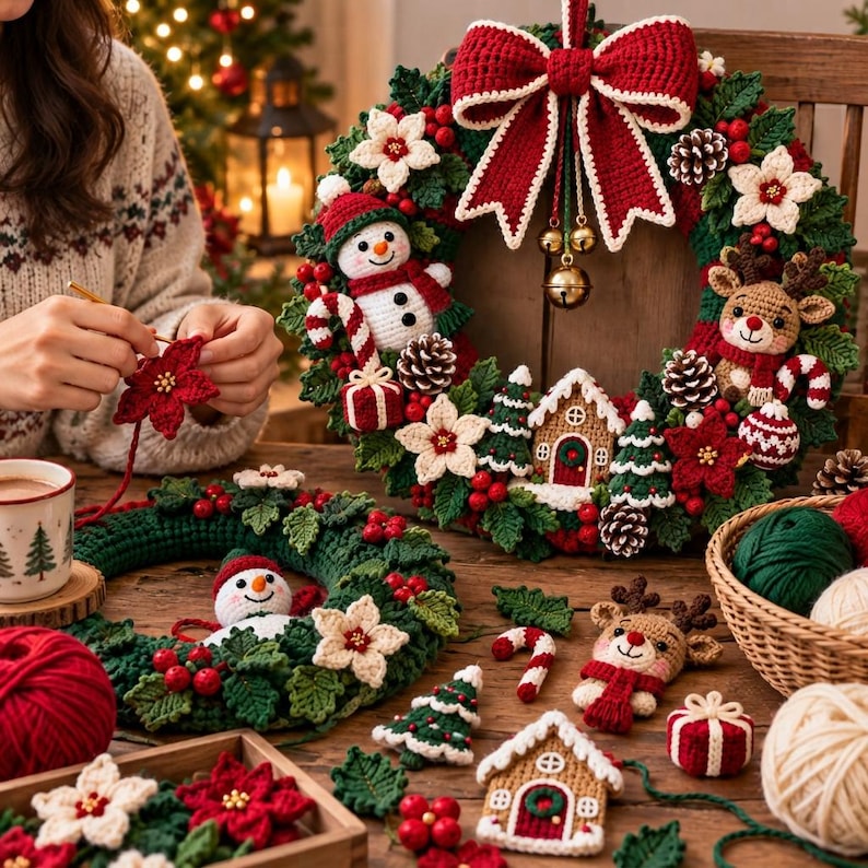 Puede incluir: Una corona de Navidad tejida a mano en crochet con un gran lazo rojo, un mu&ntilde;eco de nieve, un reno, una casa de jengibre, pi&ntilde;as y flores de pascua. Incluye adornos adicionales de crochet como un mu&ntilde;eco de nieve y un reno.