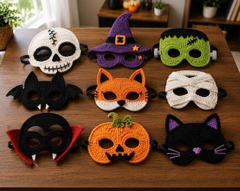 Halloween Crochet Mask Pattern Bundle, 9 Costume Masks PDF, Skull Witch Pumpkin Bat Cat Vampire Fox Mummy Frankenstein, Digital Download