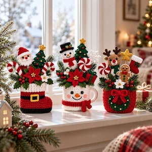May include: Three crochet Christmas arrangements featuring a Santa in a red boot, a snowman in a white mug, and a reindeer with a gingerbread man in a red pot. Each display includes green pine branches, red poinsettias, and candy canes.
