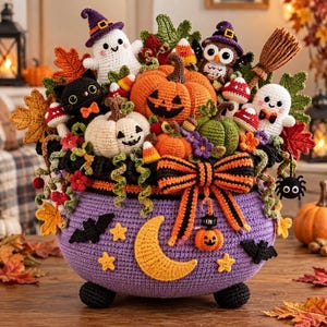 May include: A purple crocheted cauldron filled with stuffed figures including a ghost, a black cat, an owl, pumpkins, mushrooms, and autumn leaves. The cauldron features a yellow crescent moon, stars, and black bats, accented with a striped orange and black bow.