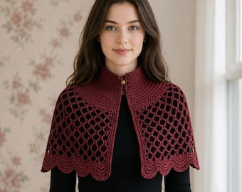 Burgundy Diamond Lace Crochet Capelet Pattern (PDF), Victorian Style Shawl