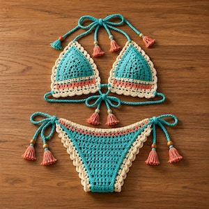 Boho Crochet Bikini Pattern PDF, Textured Triangle Swimsuit (Digital Download)
