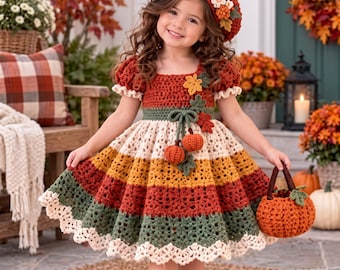 Toddler Crochet Dress, Beret, Pumpkin Bag Set (PDF Pattern)
