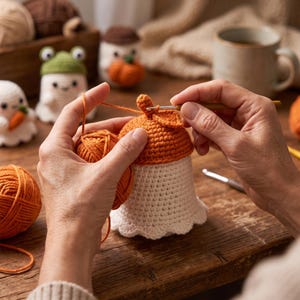 May include: A crochet project in progress featuring a white base and an orange top, being worked on with a metal crochet hook. The item has a scalloped bottom edge and a small orange stem on top. Bright orange yarn is used for the construction.