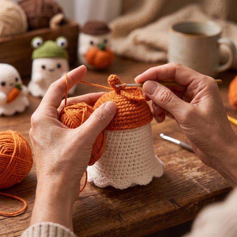 May include: A crochet project in progress featuring a white base and an orange top, being worked on with a metal crochet hook. The item has a scalloped bottom edge and a small orange stem on top. Bright orange yarn is used for the construction.