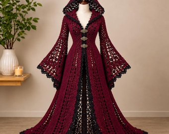 Gothic Crochet Cloak Pattern, Burgundy Black Lace, Bell Sleeves (PDF)