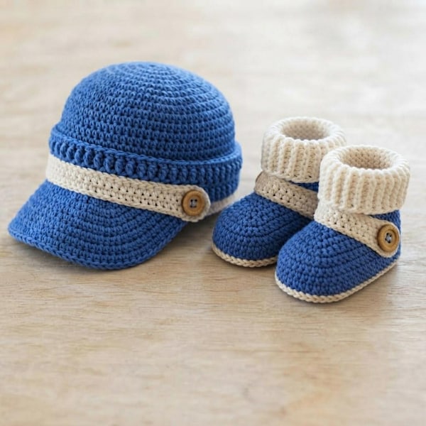 Crochet Baby Hat and Booties Pattern, Newsboy Style, PDF Digital Download