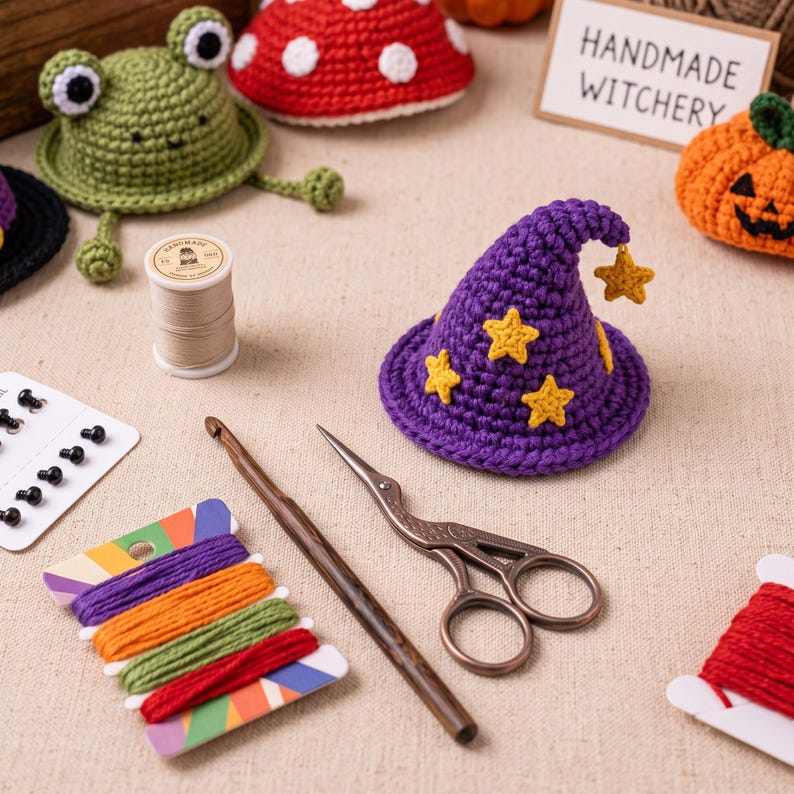May include: A purple crocheted wizard hat with yellow star appliques, a wooden crochet hook, metal stork scissors, a spool of thread, a card of colorful embroidery floss, black safety eyes, and crocheted figures including a frog and pumpkin.