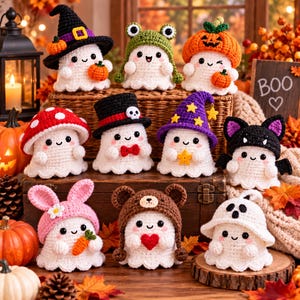 May include: A collection of ten small, white, crocheted ghost figures, each wearing a different themed hat or accessory, including a witch hat, frog hood, pumpkin, mushroom cap, top hat, wizard hat, bat wings, bunny ears, bear hood, and ghost hood.