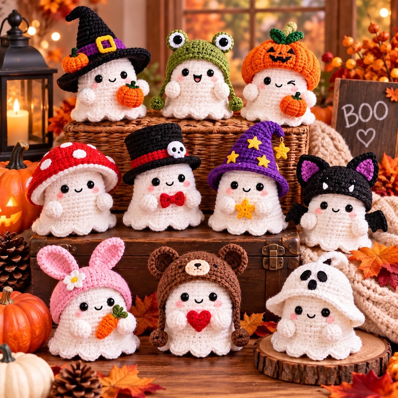 May include: A collection of ten small, white, crocheted ghost figures, each wearing a different themed hat or accessory, including a witch hat, frog hood, pumpkin, mushroom cap, top hat, wizard hat, bat wings, bunny ears, bear hood, and ghost hood.