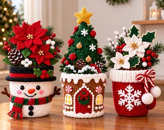 Christmas Crochet Planter Pattern, Snowman, Gingerbread, Poinsettia (Digital Download)
