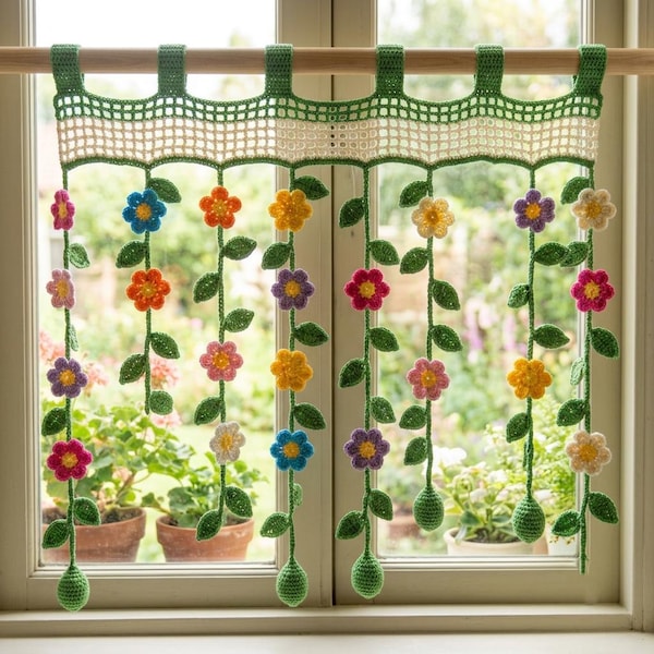 Crochet Flower Curtain Pattern, Floral Vine Window Decor (PDF Download)