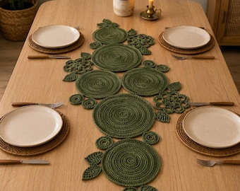Crochet Table Runner Pattern, Botanical Circles, Leaves, Boho Dining Decor (PDF Download)