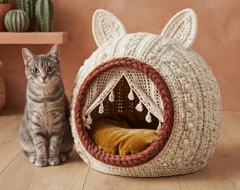 Crochet Cat Cave Pattern, Cat Ear Pet House, Cozy Bed (Digital Download)
