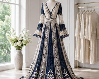 Crochet Lace Maxi Gown Pattern, Navy Ivory V-Neck Bell Sleeves (Digital Download)