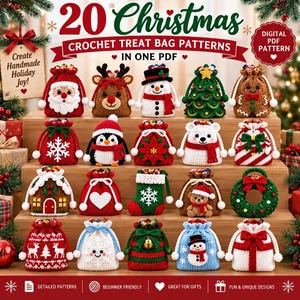 Op de afbeelding: Een digitale PDF-patronencollectie met 20 haakpatronen voor kersttraktatiezakjes. De afbeelding toont diverse kleine, kleurrijke gehaakte buideltjes in de vorm van de Kerstman, rendieren, sneeuwpoppen, kerstbomen en peperkoekmannetjes.