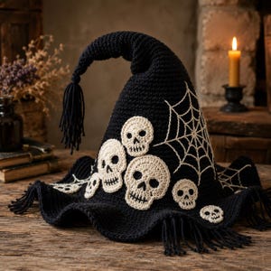 May include: A black crocheted pointed hat featuring white crocheted skull appliques and white spiderweb designs. The hat has a curved top with a long black tassel and a wide, wavy brim finished with black fringe along the bottom edge.