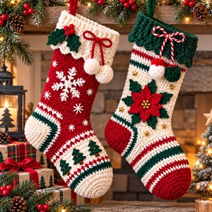 Könnte beinhalten: Zwei gehäkelte Weihnachtsstrümpfe. Der linke Strumpf ist rot mit weißem Bündchen, einer weißen Schneeflocke und grünen Tannenbäumen. Der rechte Strumpf ist weiß mit grünem Bündchen, einem roten Weihnachtsstern und kleinen goldenen Sternen.