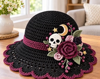 Gothic Crochet Witch Hat Pattern, Wide Brim Skull Rose Moon (Digital Download)