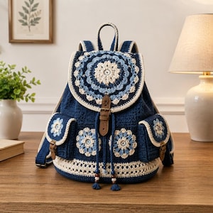 May include: A dark blue crochet backpack featuring a large circular mandala-style motif on the flap, two side pockets with floral accents, and a cream-colored base border. The bag includes a brown leather-like strap closure and blue drawstring ties.
