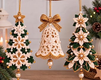 Heirloom Christmas Crochet Ornament Patterns, Tree, Bell, Poinsettia (PDF Download)