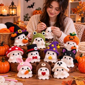 May include: A collection of small, white crocheted ghost figures, each wearing a different accessory including a witch hat, frog hood, pumpkin cap, mushroom cap, top hat with skull, wizard hat, bat wings, bunny ears, and bear hood.