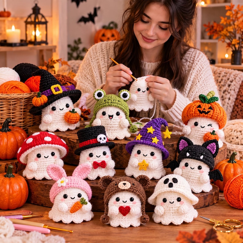 May include: A collection of small, white crocheted ghost figures, each wearing a different accessory including a witch hat, frog hood, pumpkin cap, mushroom cap, top hat with skull, wizard hat, bat wings, bunny ears, and bear hood.