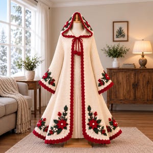 Christmas Poinsettia Crochet Cloak Pattern, Hooded Cape, Floral Holiday (PDF)
