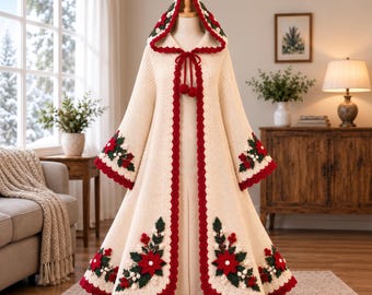 Christmas Poinsettia Crochet Cloak Pattern, Hooded Cape, Floral Holiday (PDF)