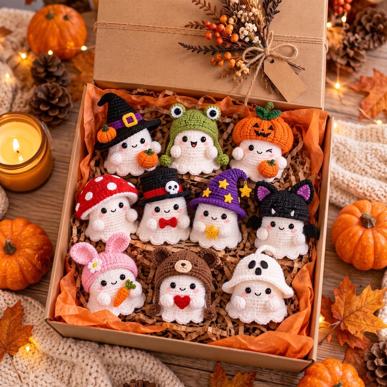 May include: A cardboard gift box filled with nine small, white, crocheted ghost figurines, each wearing a different themed hat or accessory, including a witch hat, frog hood, pumpkin, mushroom cap, top hat, wizard hat, cat ears, bunny ears, and bear hood.
