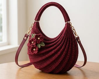 Burgundy Ribbed Hobo Bag Crochet Pattern, Draped Shoulder Purse, Floral Detail (Digital Download)