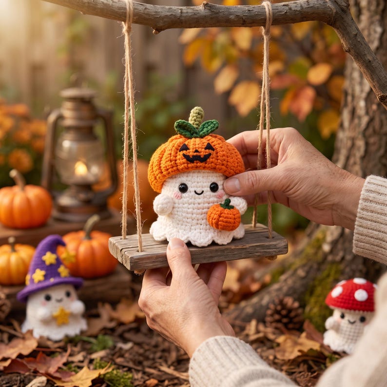 May include: A small white crocheted ghost figure wearing an orange pumpkin hat with a jack-o'-lantern face and green stem, holding a tiny orange pumpkin. The ghost sits on a miniature wooden swing suspended by twine from a tree branch.