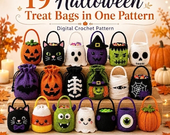 Może przedstawiać: Cyfrowy zestaw wzorów szydełkowych na 19 torebek na słodycze na Halloween. Obraz przedstawia różne szydełkowane wzory, w tym dynie, duszki, koty, szkielet, czarownicę, mumię i pajęczynę, z napisem 19 Halloween Treat Bags in One Pattern.