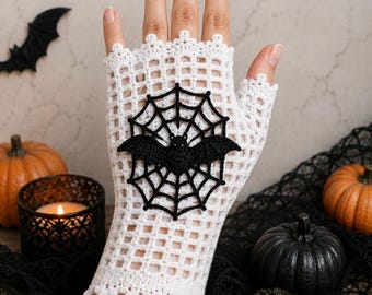 Crochet Fingerless Gloves Pattern, Bat Spiderweb Mitts, Gothic Halloween Lace (PDF Download)