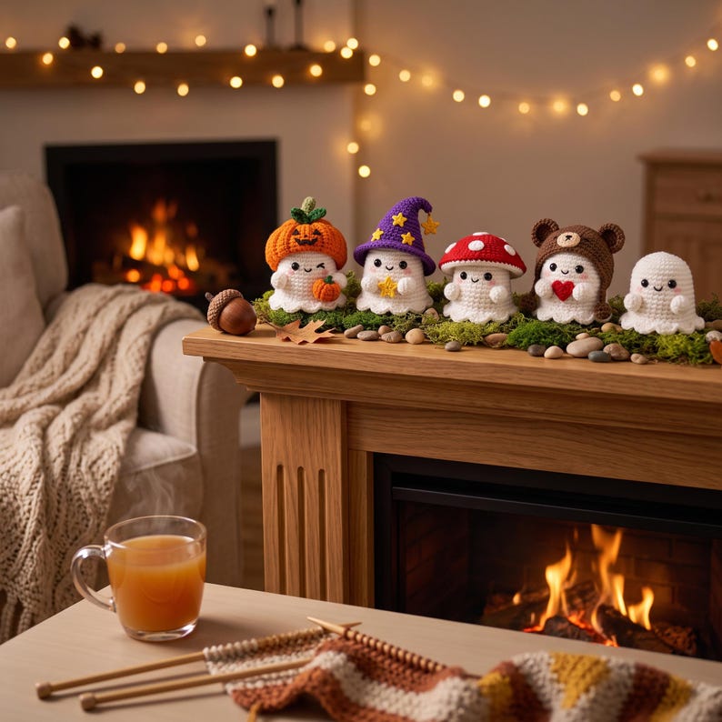 May include: Five small crocheted ghost figurines arranged in a row. The ghosts wear various hats including a pumpkin, a purple wizard hat with yellow stars, a red mushroom cap, and a brown bear hood, with one ghost holding a red heart.