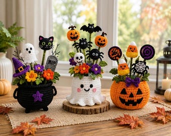 Halloween Crochet Flower Pot Trio Pattern, Ghost Pumpkin Cauldron Planters (Digital Download)