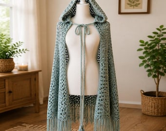 Hooded Lace Crochet Cape Pattern, Oversized Fringe Shawl PDF Pattern