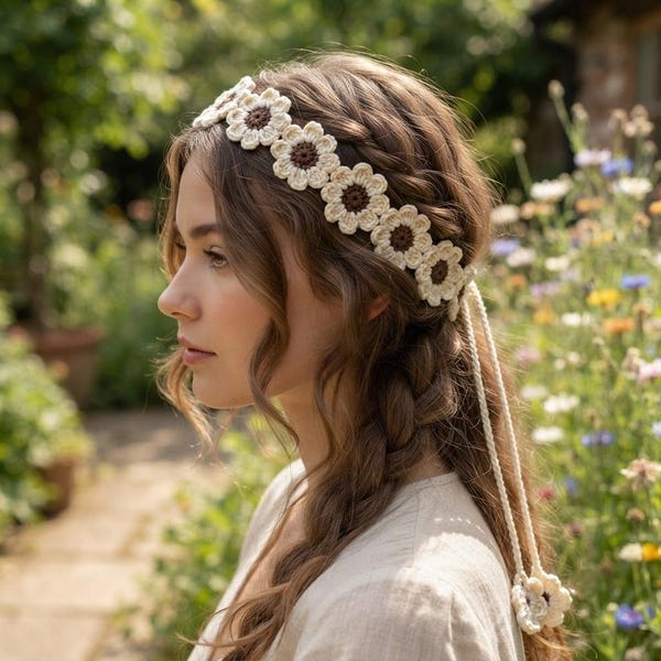 Crochet Daisy Tie Hair Band Pattern, Floral Headband, Cottagecore Boho Accessory (PDF Download)