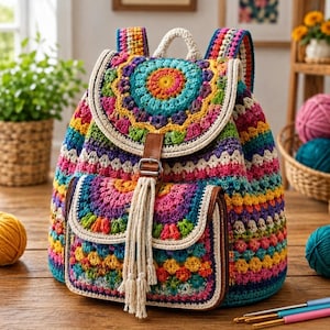 May include: A multi-colored crochet backpack featuring a vibrant mandala pattern on the flap and front pocket. The bag is constructed with various yarn colors including pink, yellow, blue, and green, accented by a brown leather strap and a cream tassel.