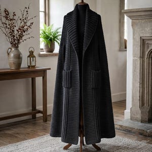 Shawl Collar Crochet Coat Pattern, Long Ribbed Cardigan with Pockets (Digital PDF Download)