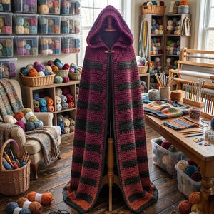 May include: A floor-length hooded cloak featuring horizontal stripes in alternating shades of deep magenta and dark charcoal gray, constructed with a thick crochet stitch and secured at the neck with a single wooden toggle button closure.
