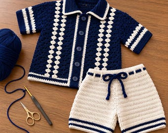 Toddler Crochet Shirt & Shorts PDF Pattern, Navy Cream Two-Piece Outfit, Size 2–3 Years