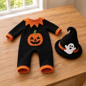 Peut inclure: Une barboteuse à manches longues en crochet noir avec une applique de citrouille orange sur la poitrine, un col dentelé orange et des poignets orange. Un chapeau pointu en crochet noir assorti avec une bande orange et un fantôme blanc est inclus.