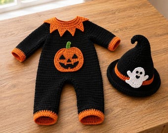 Crochet Baby Romper and Witch Hat Pattern, Halloween Jack O Lantern Costume (Instant Download)